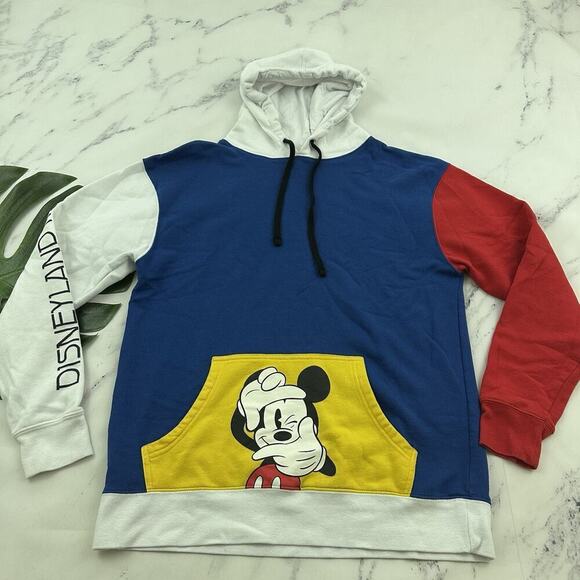 Disney Other - Disneyland Mens Color Block Hoodie Sweatshirt Size M Blue Red Mickey Pullover